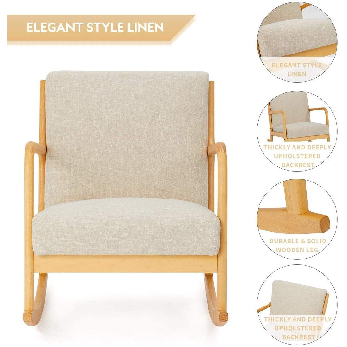 EROMMY Fabric Rocking Chair,Mid-Century Glider Rocker with Padded Seat, with Ottoman,Seat Wood Base,Linen Accent Chair