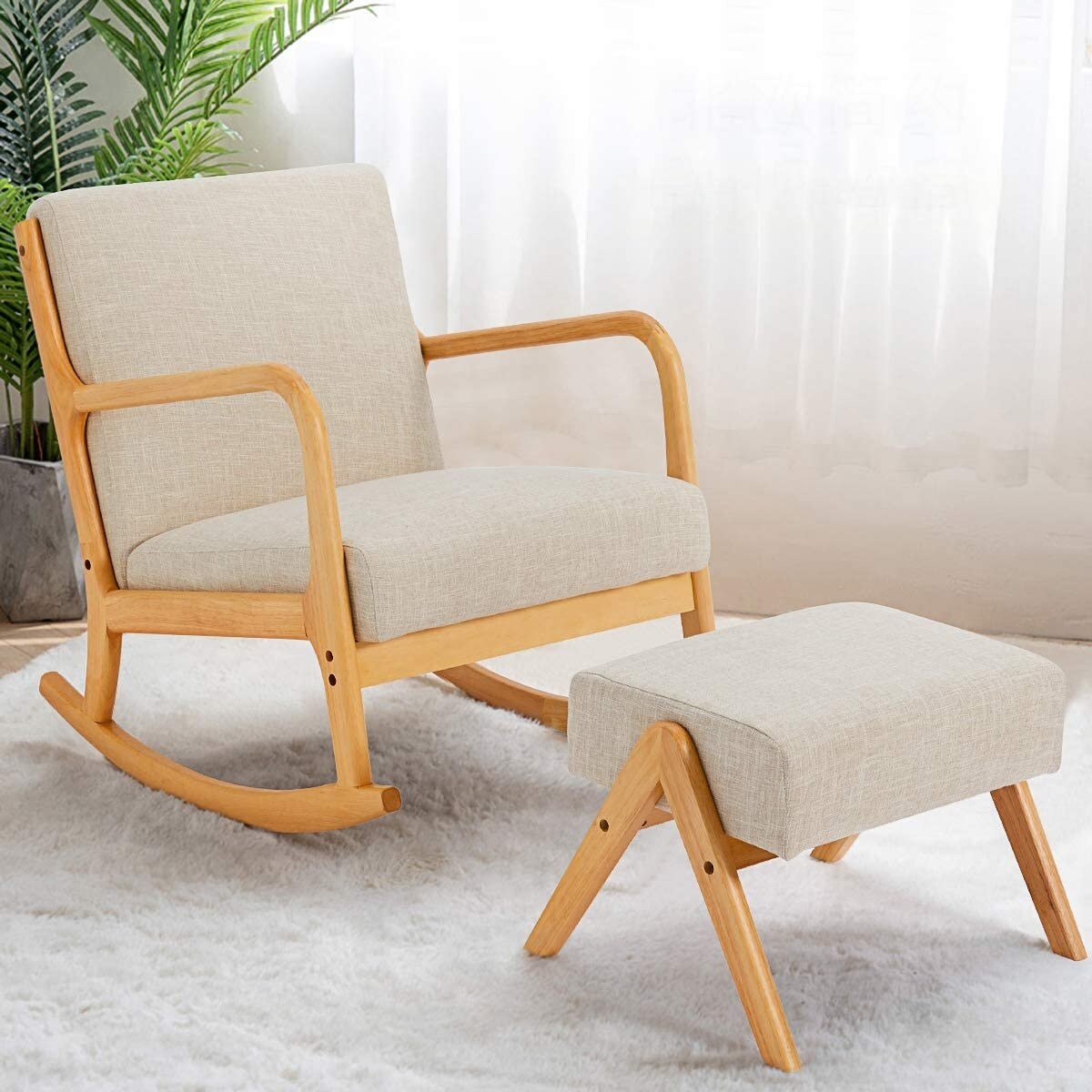 EROMMY Fabric Rocking Chair,Mid-Century Glider Rocker with Padded Seat, with Ottoman,Seat Wood Base,Linen Accent Chair