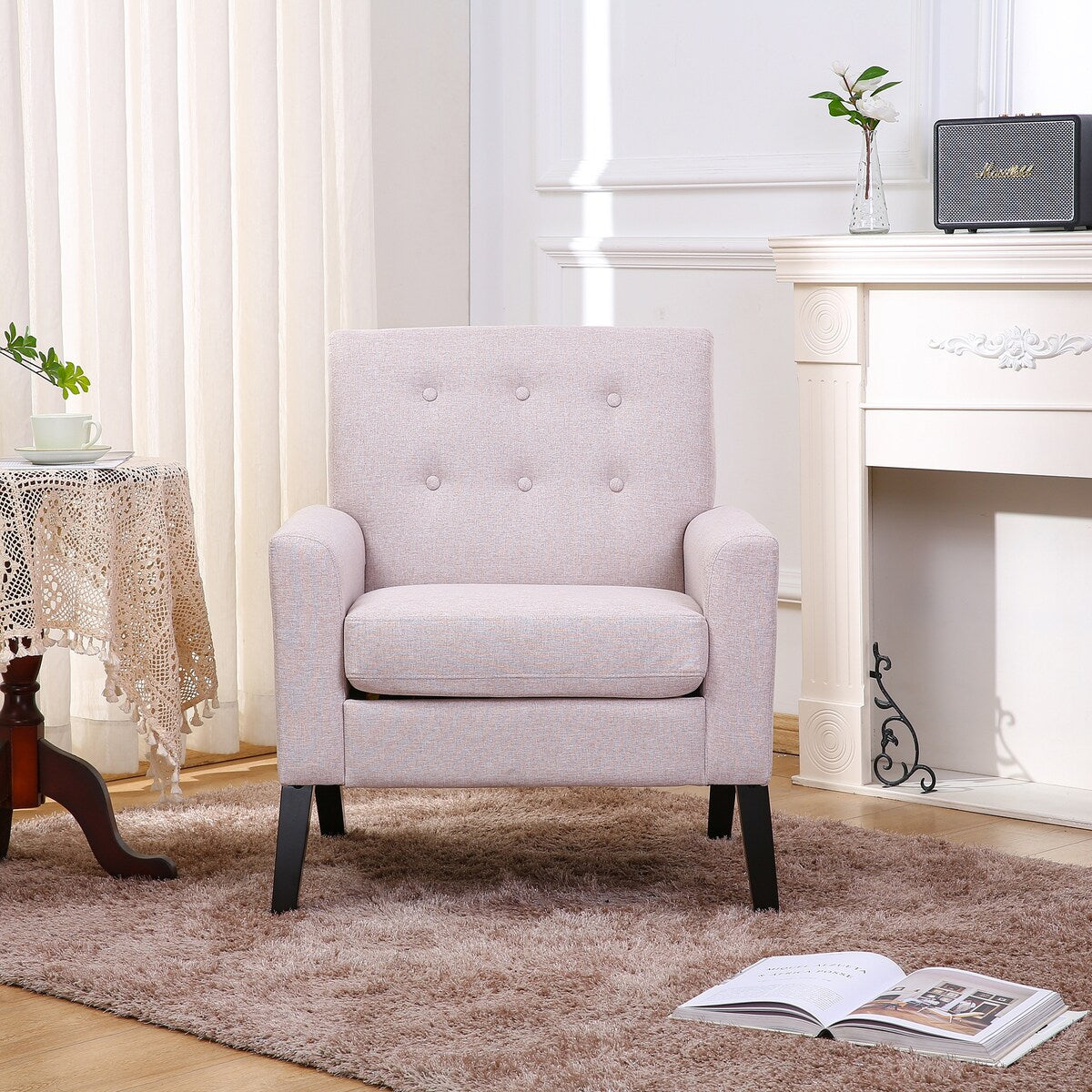 Fabric Single Person Sofa, Button Tufted Cushion, Solid Wood Chair Leg