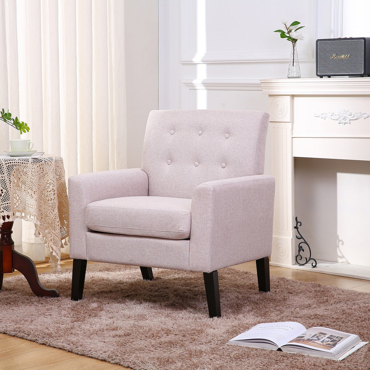 Fabric Single Person Sofa, Button Tufted Cushion, Solid Wood Chair Legs, Standard Backrest, with Soft Armrests