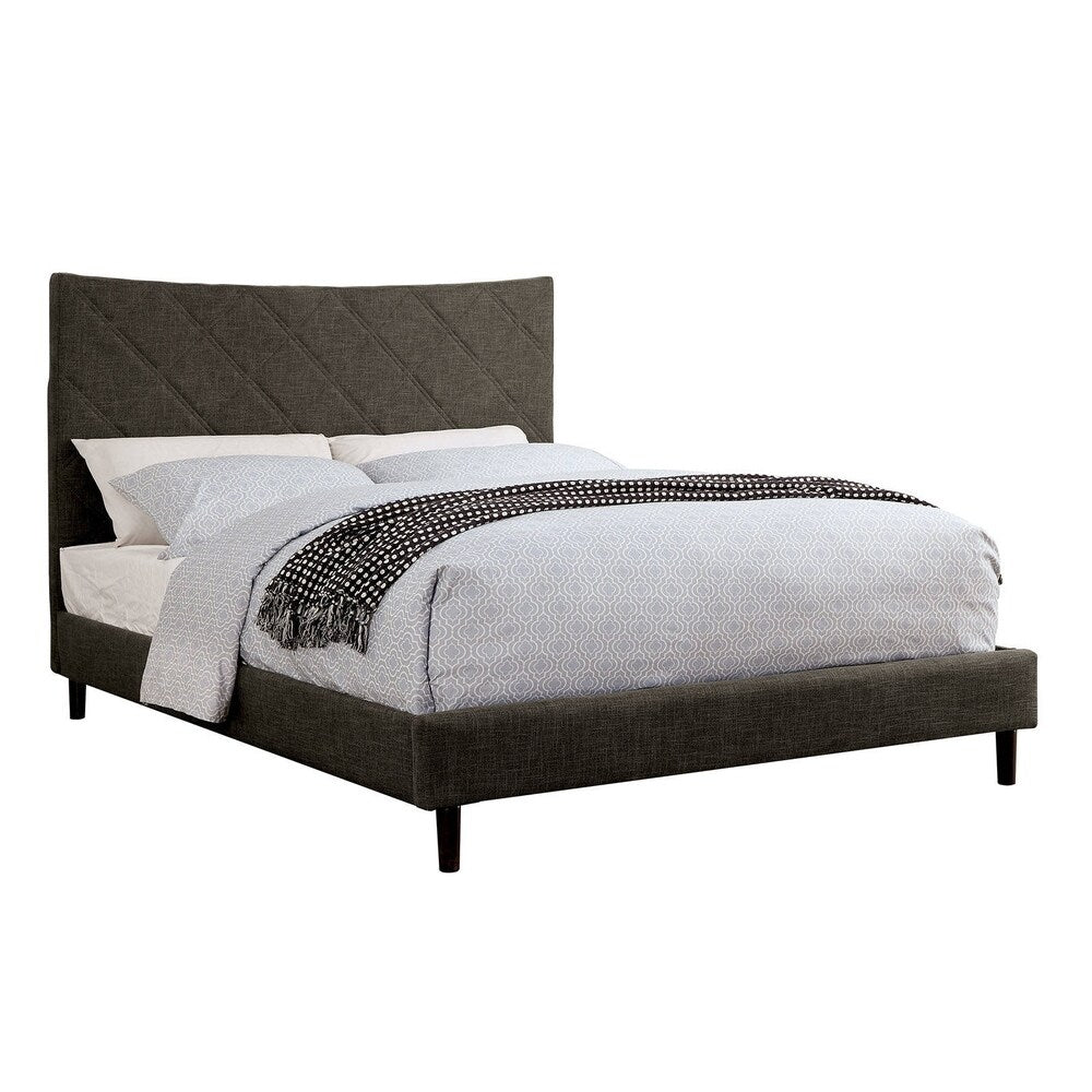 Fabric Upholstered California King Size Bed with X Stitch Headboard, Brown