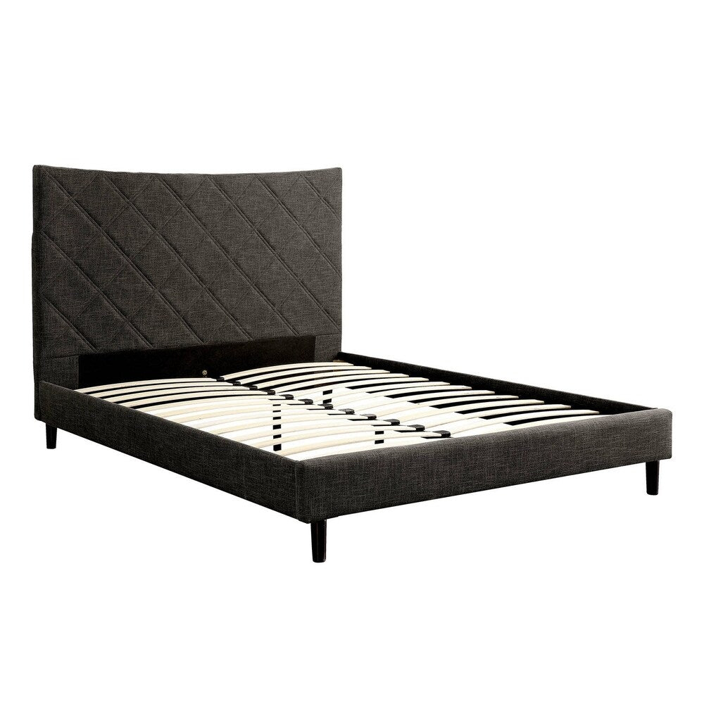 Fabric Upholstered California King Size Bed with X Stitch Headboard, Brown