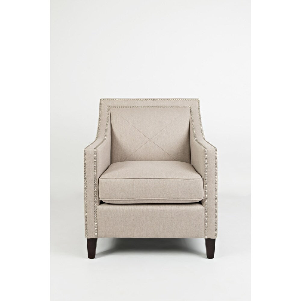 Fabric Upholstered Club Chair With Nail head Detailing, Beige and Brown