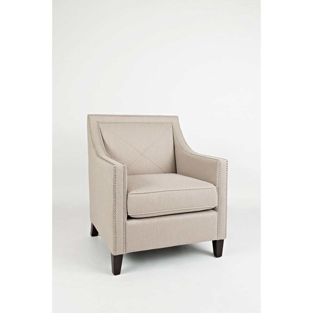 Fabric Upholstered Club Chair With Nail head Detailing, Beige and Brown