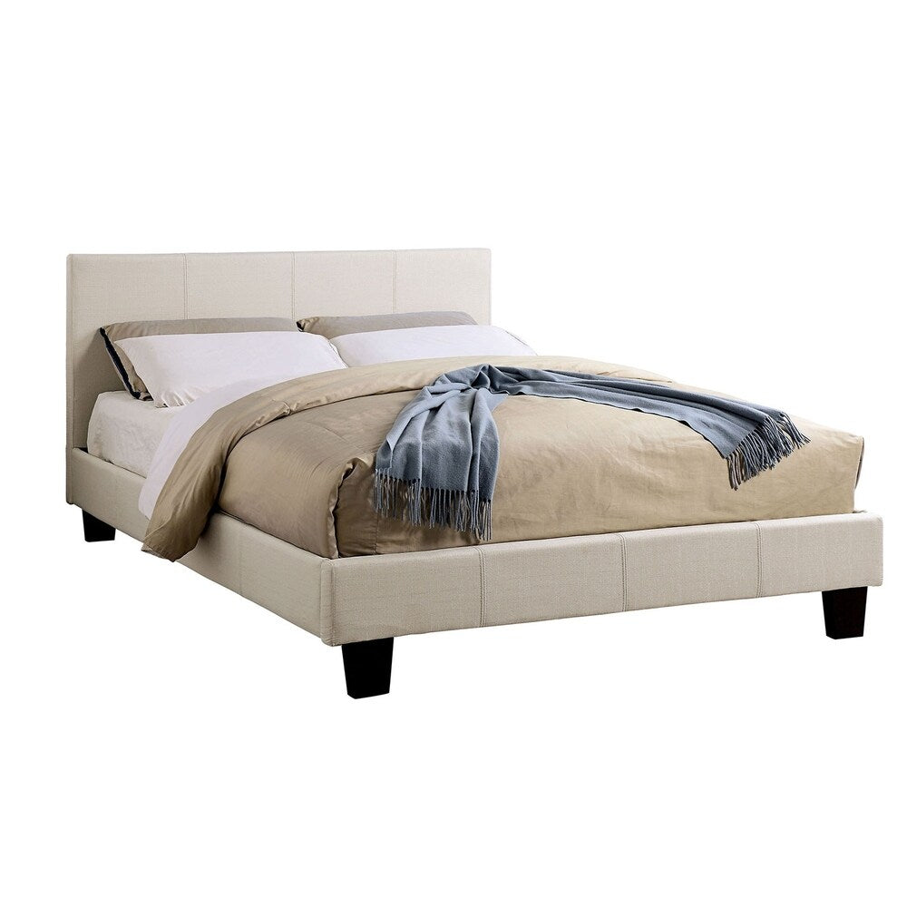 Fabric Upholstered Eastern King Size Bed with Vertical Stiches, Beige