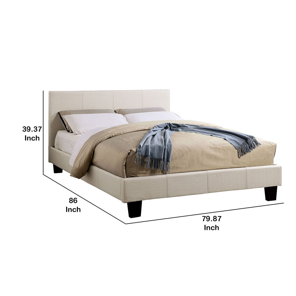 Fabric Upholstered Eastern King Size Bed with Vertical Stiches, Beige
