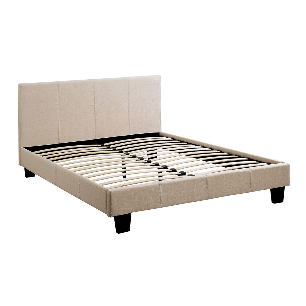 Fabric Upholstered Eastern King Size Bed with Vertical Stiches, Beige