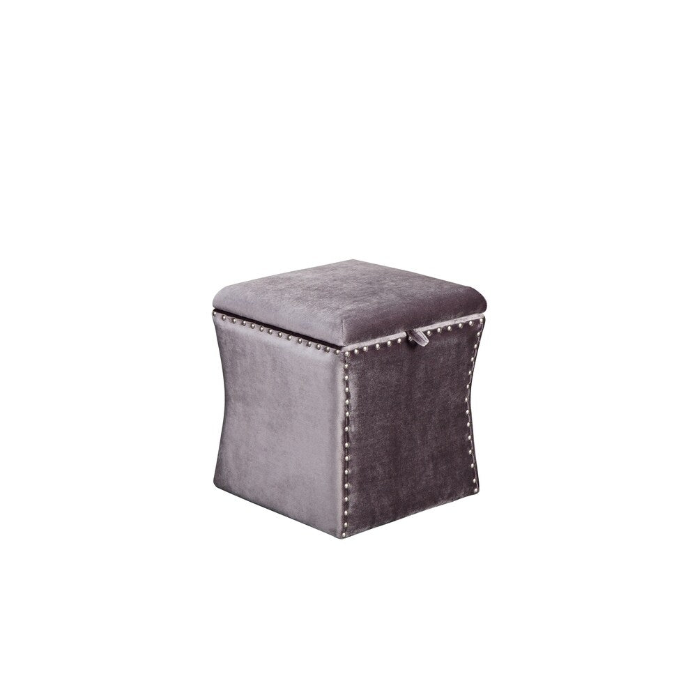 Fabric Upholstered Lift Top Storage Wooden Ottoman with Nail head Decorative Base, Silver