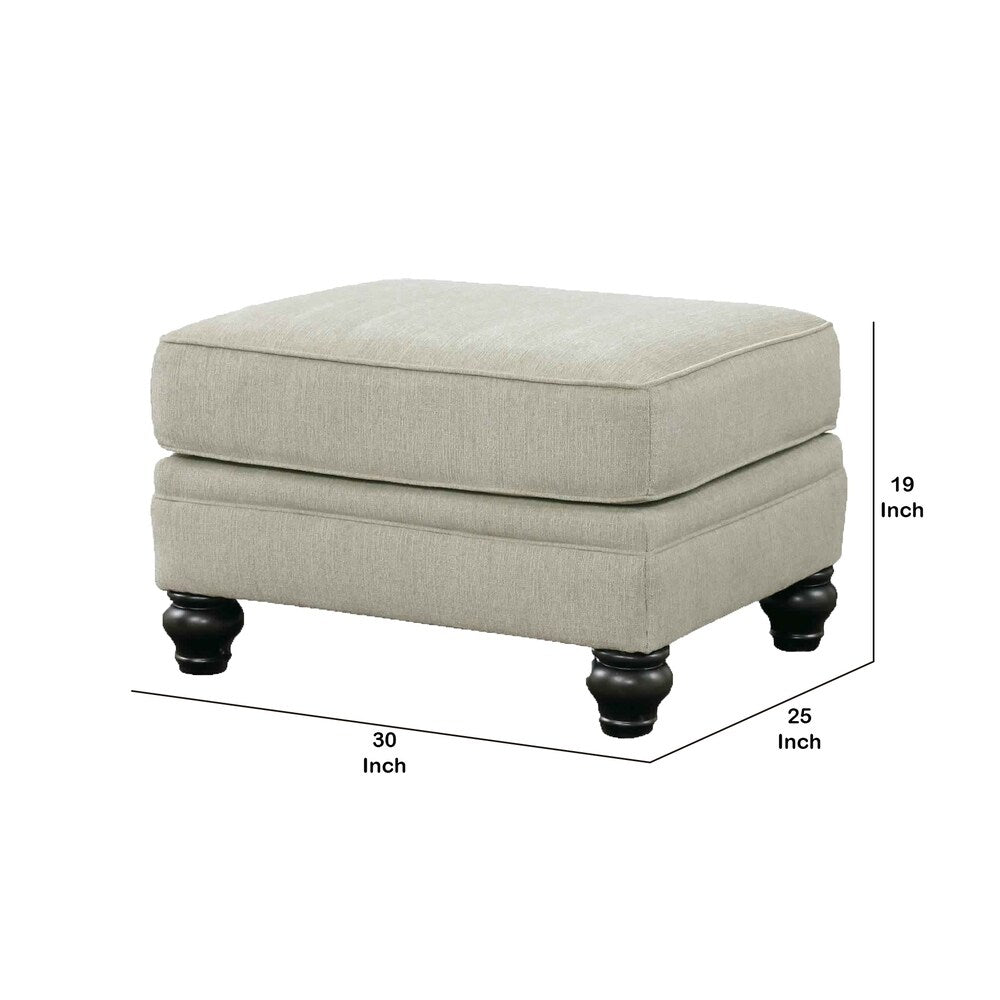 Fabric Upholstered Ottoman with Turned Legs, Light Gray and Black