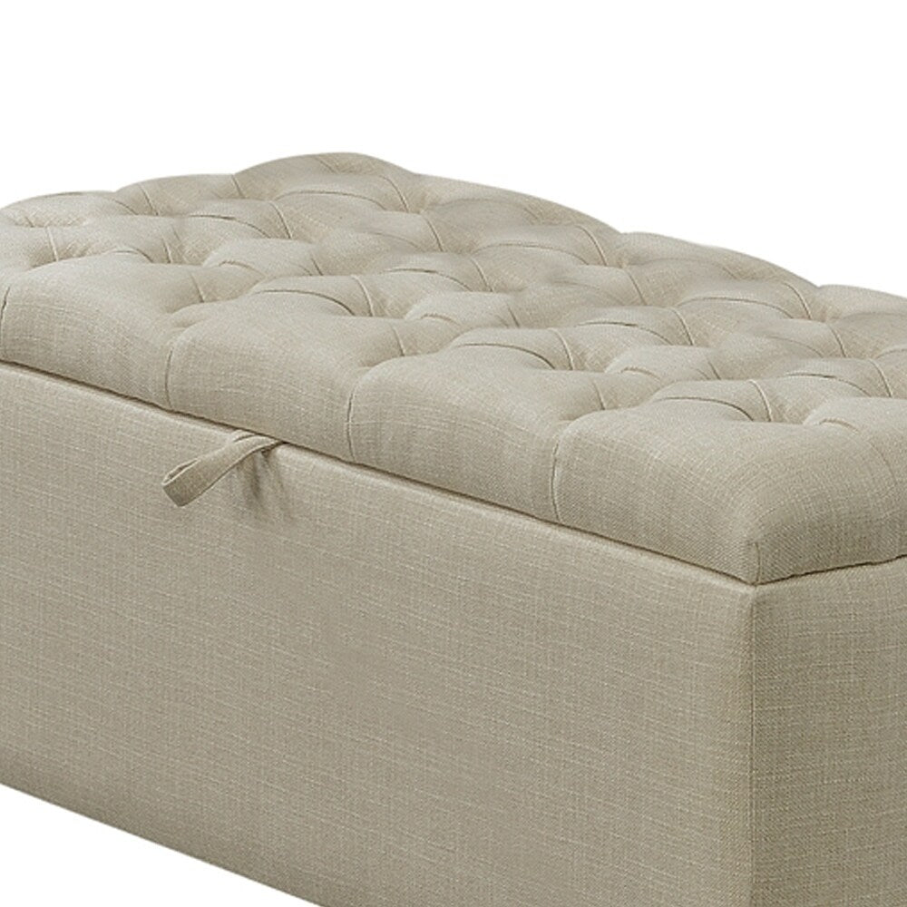 Fabric Upholstered Rectangular Storage Bench with Button Tufted Seat, Beige