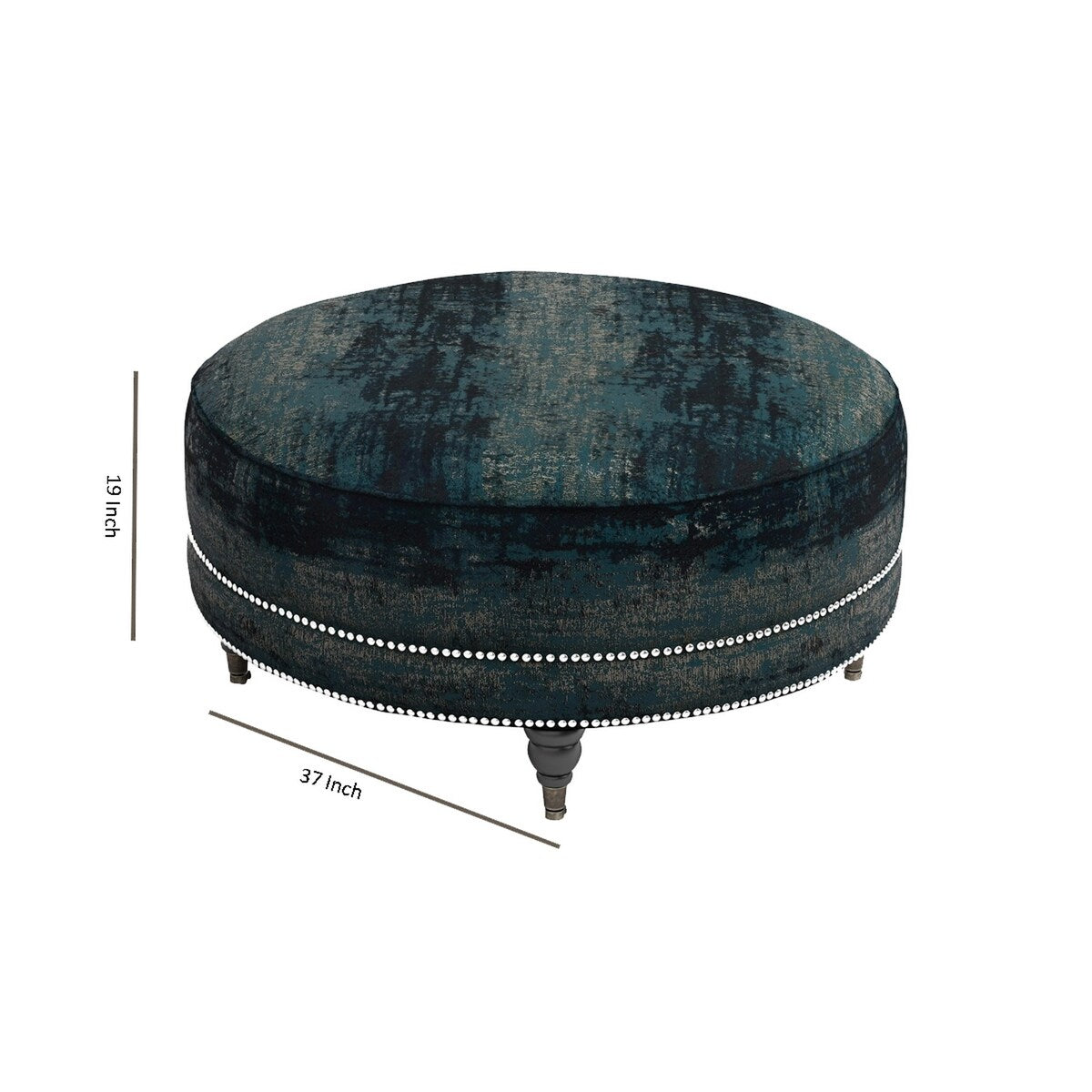 Fabric Upholstered Round Ottoman with Nailhead Trim Details, Teal Blue