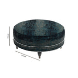Fabric Upholstered Round Ottoman with Nailhead Trim Details, Teal Blue