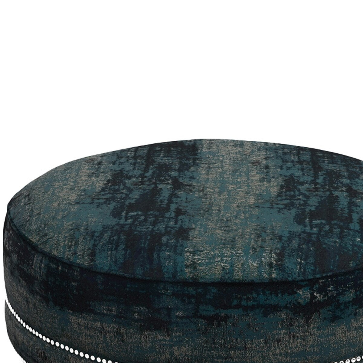Fabric Upholstered Round Ottoman with Nailhead Trim Details, Teal Blue