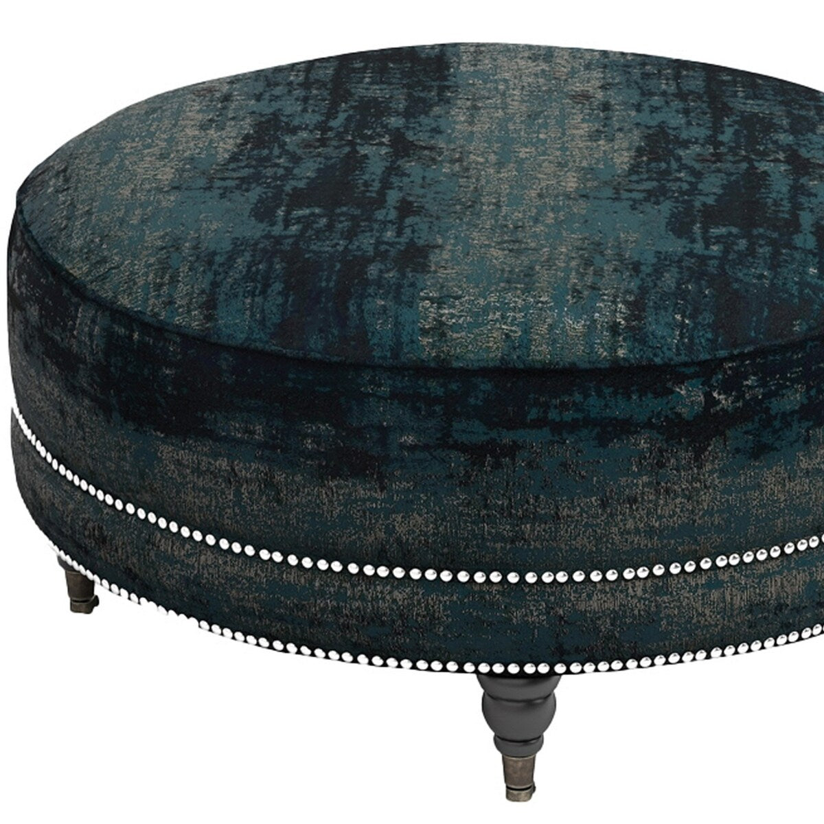 Fabric Upholstered Round Ottoman with Nailhead Trim Details, Teal Blue