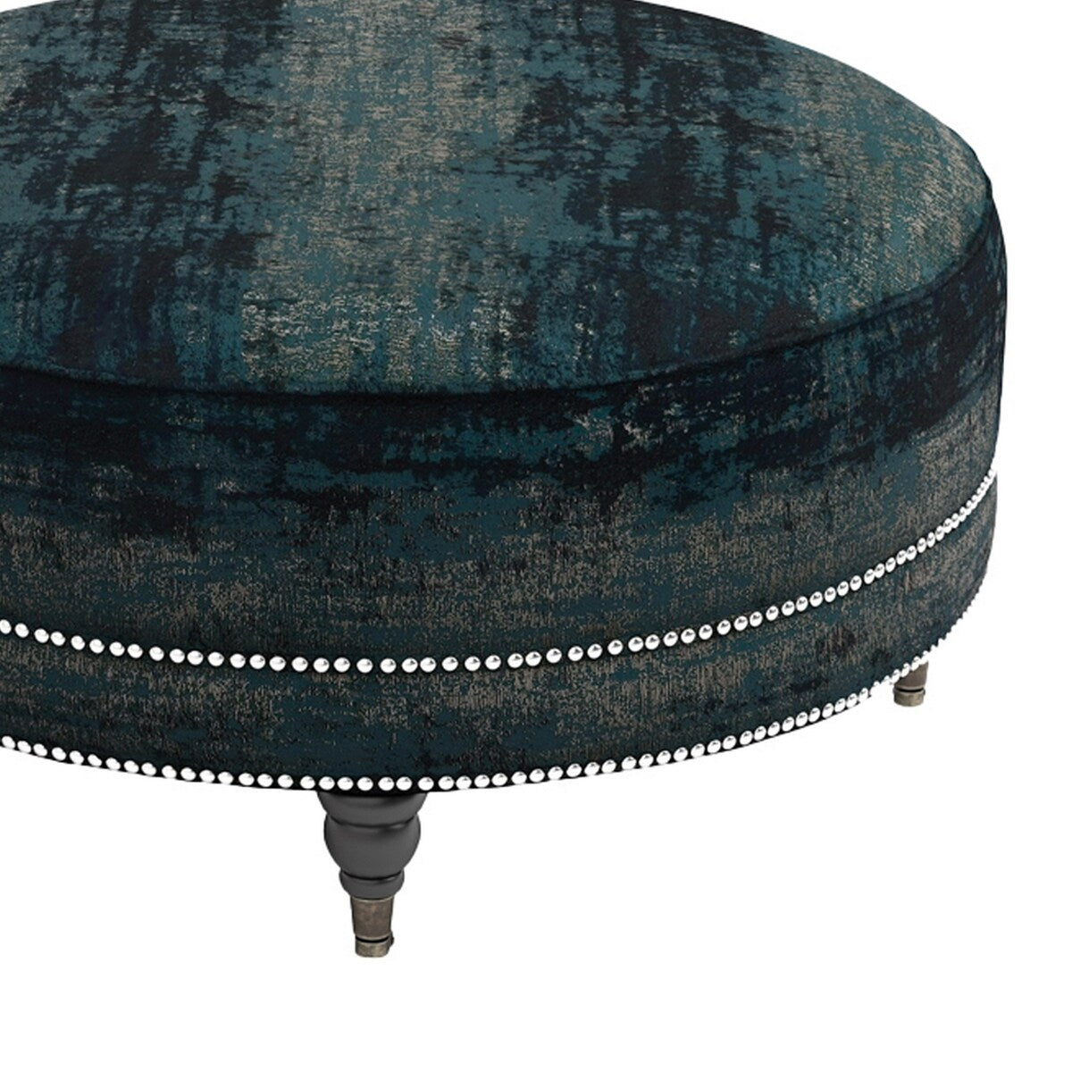 Fabric Upholstered Round Ottoman with Nailhead Trim Details, Teal Blue