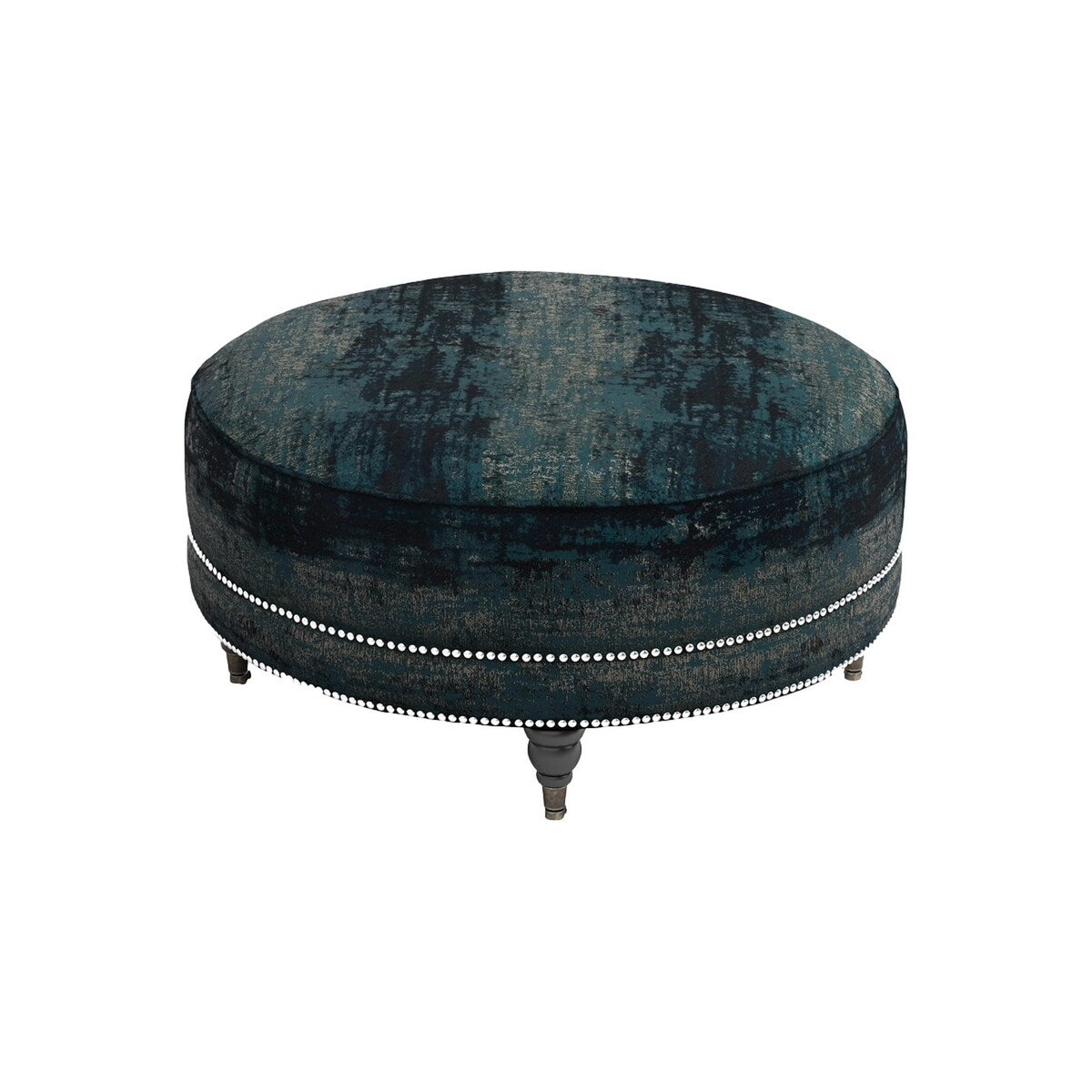 Fabric Upholstered Round Ottoman with Nailhead Trim Details, Teal Blue