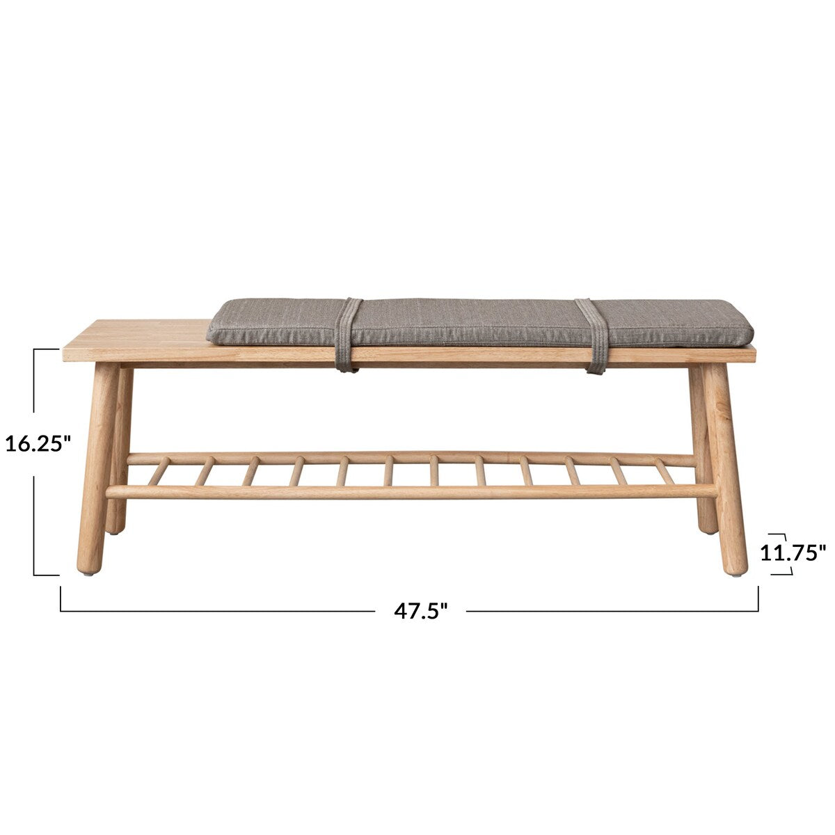 Fabric Upholstered Rubberwood Bench with Shelf and Cushion