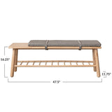 Fabric Upholstered Rubberwood Bench with Shelf and Cushion
