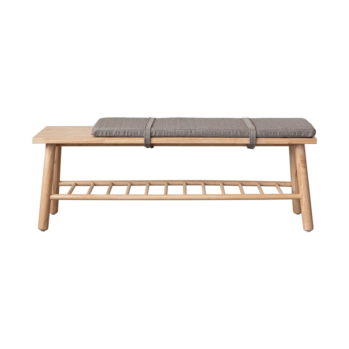 Fabric Upholstered Rubberwood Bench with Shelf and Cushion