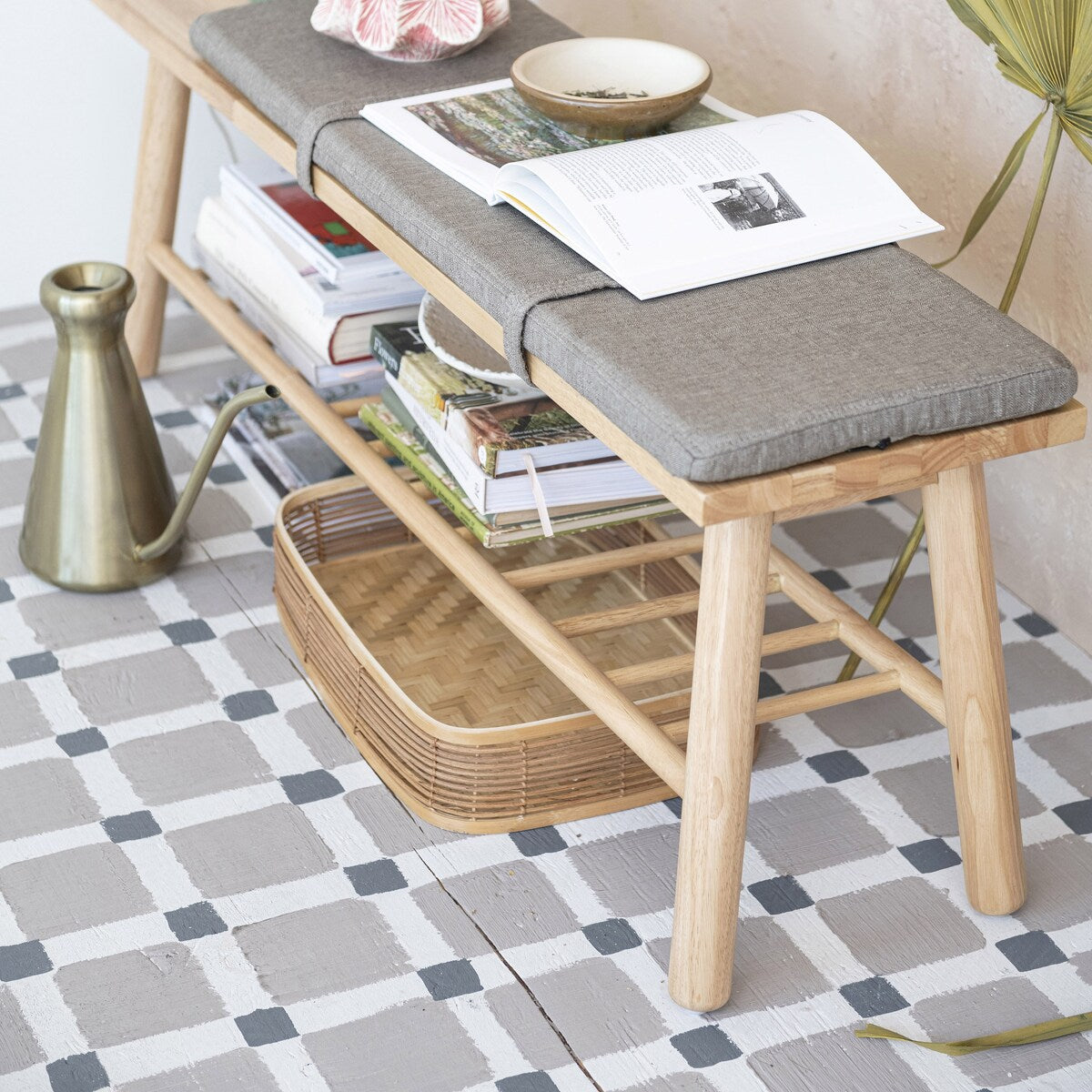 Fabric Upholstered Rubberwood Bench with Shelf and Cushion