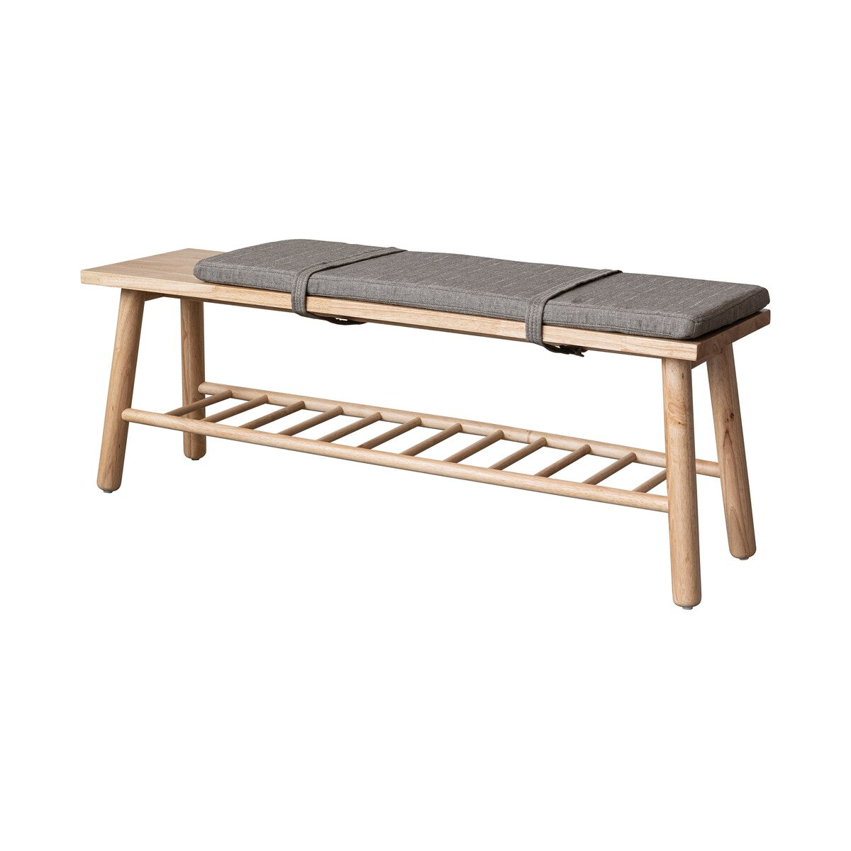 Fabric Upholstered Rubberwood Bench with Shelf and Cushion