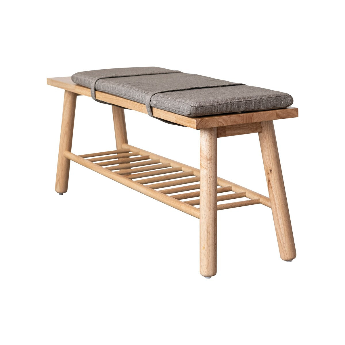 Fabric Upholstered Rubberwood Bench with Shelf and Cushion