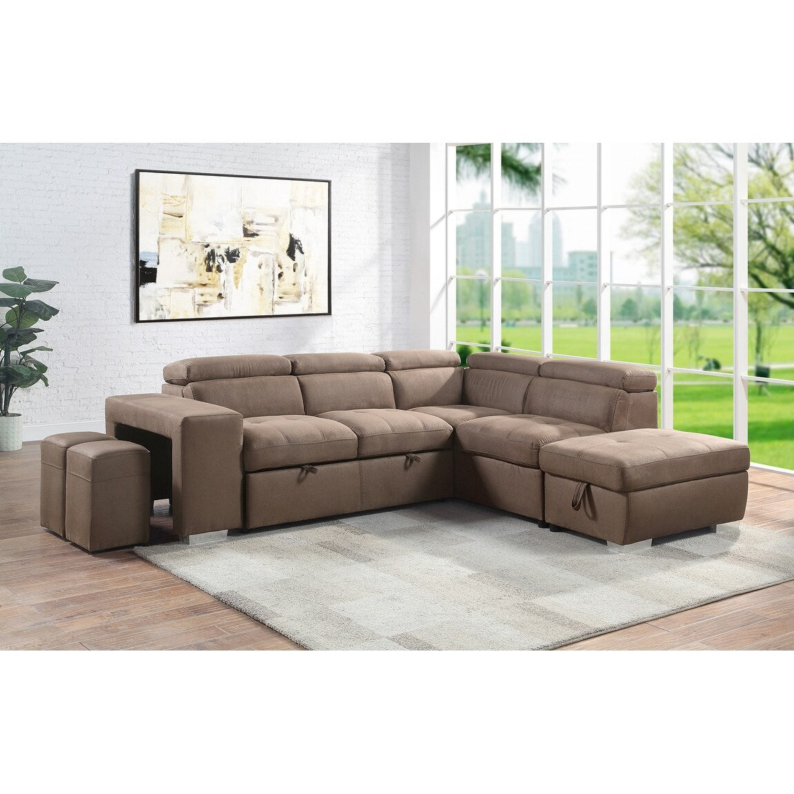 Fabric Upholstered Sectional Sofa with Pull-Out Sleeper in Brown