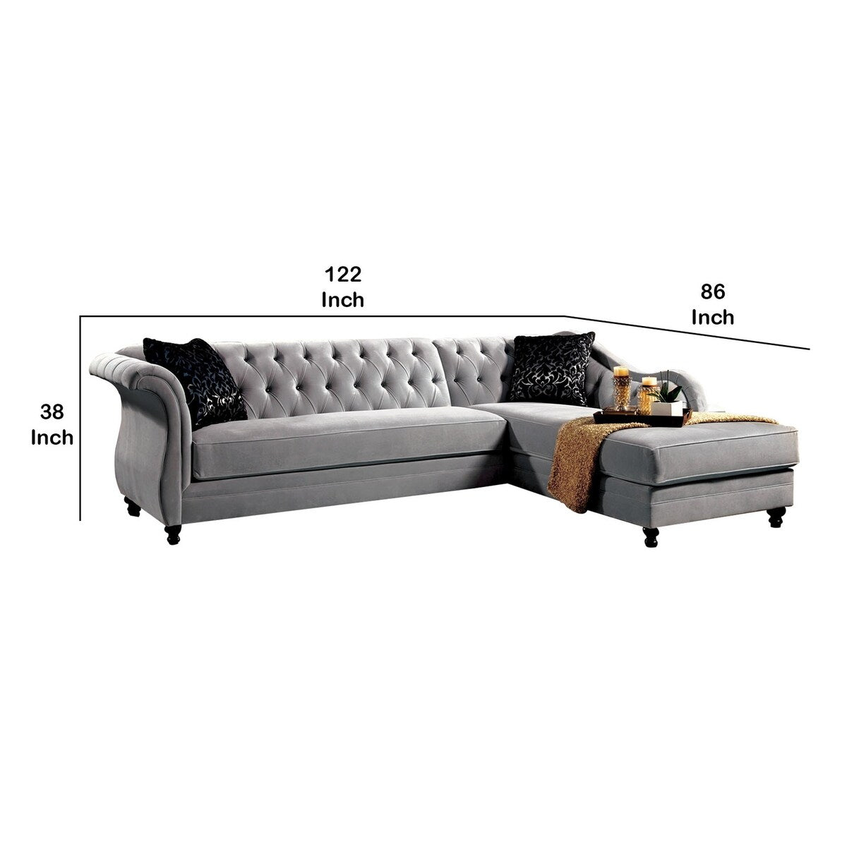 Fabric Upholstered Sectional with Button Tufted Backrest, Gray