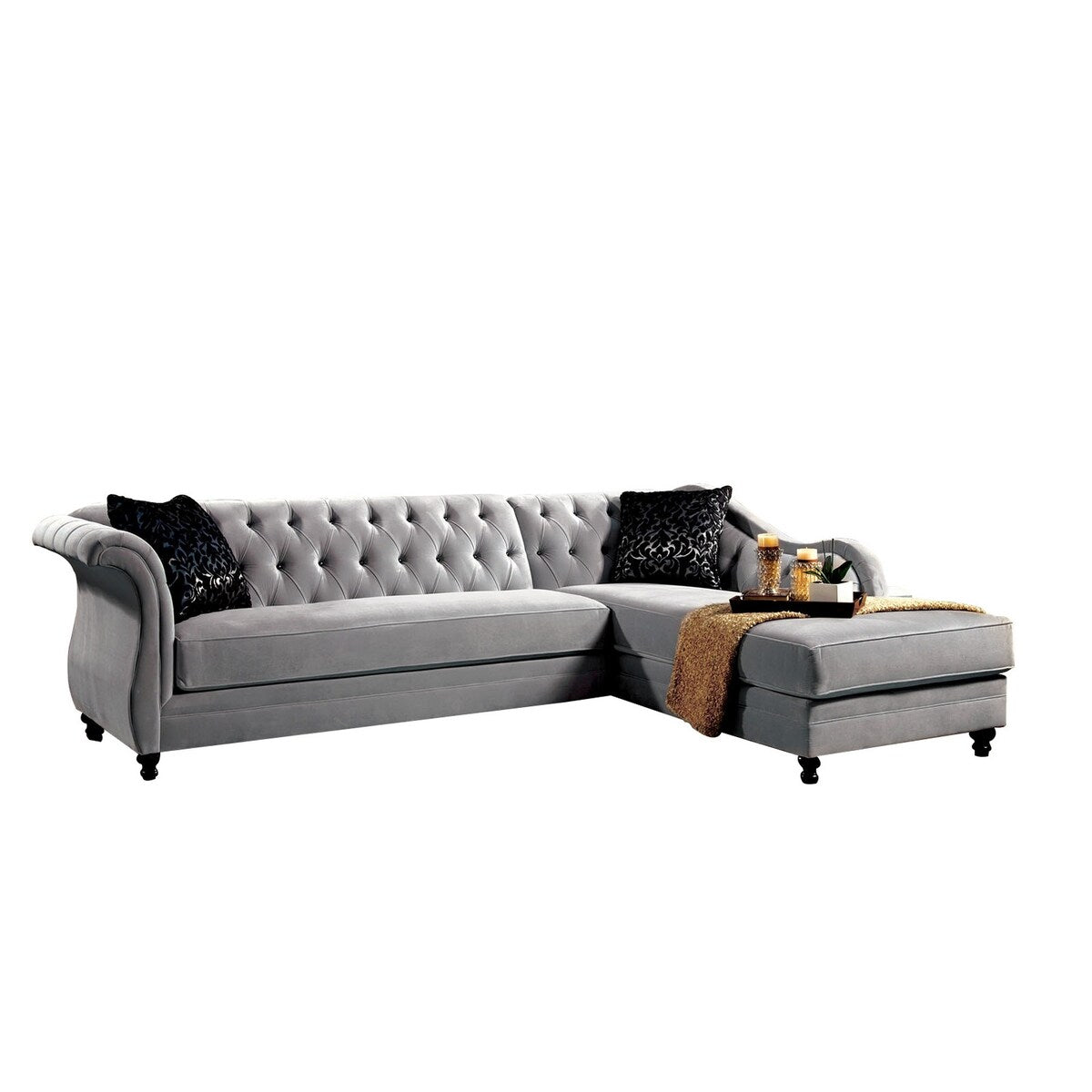 Fabric Upholstered Sectional with Button Tufted Backrest, Gray