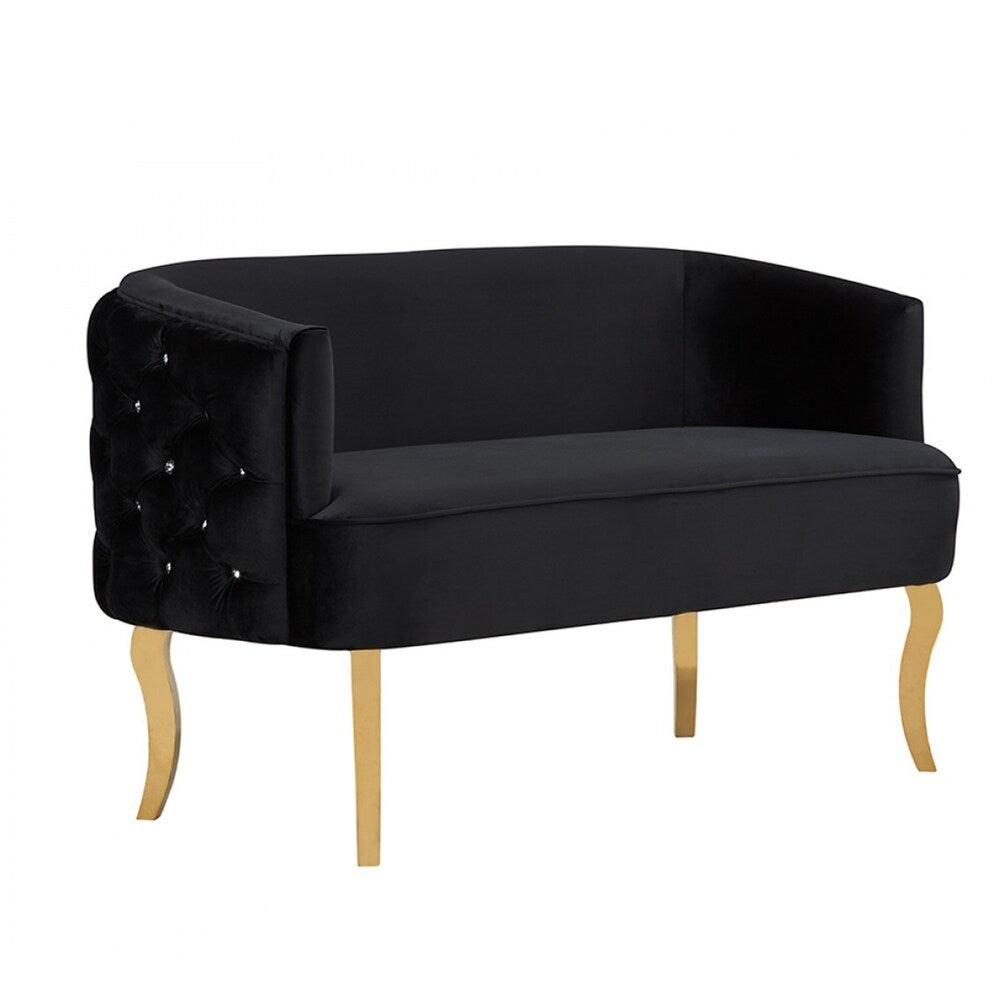 Fabric Upholstered Sofa with Button Tufting and Metal Legs, Black and Gold