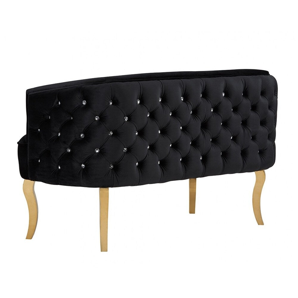 Fabric Upholstered Sofa with Button Tufting and Metal Legs, Black and Gold