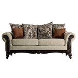 Fabric Upholstered Sofa with Wooden Engraving Details, Brown and Beige