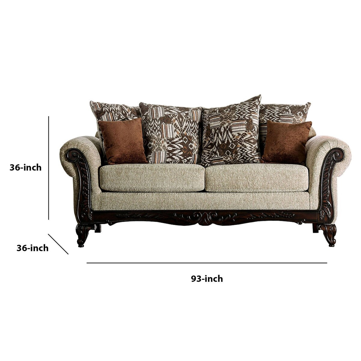 Fabric Upholstered Sofa with Wooden Engraving Details, Brown and Beige