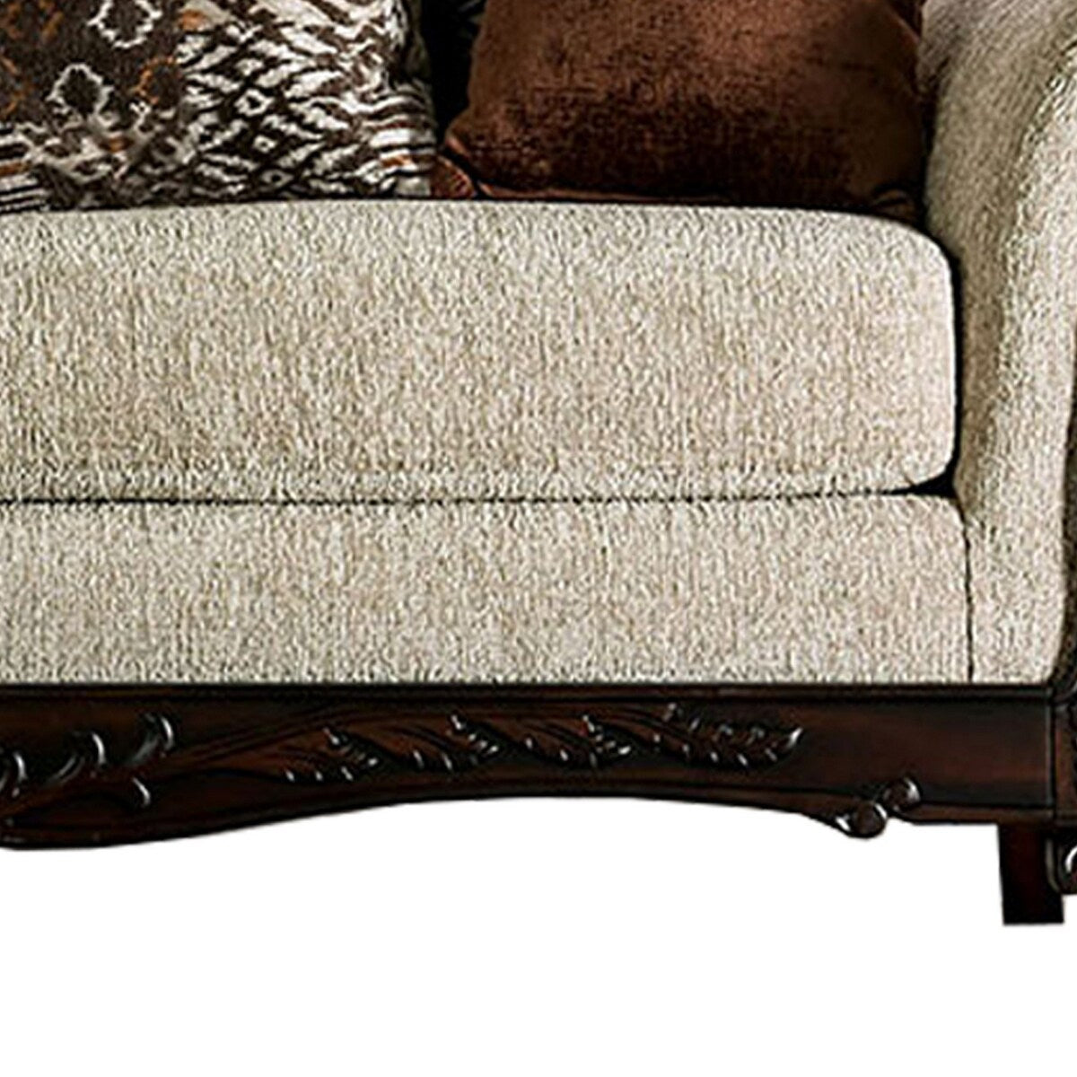 Fabric Upholstered Sofa with Wooden Engraving Details, Brown and Beige