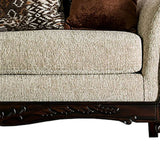 Fabric Upholstered Sofa with Wooden Engraving Details, Brown and Beige