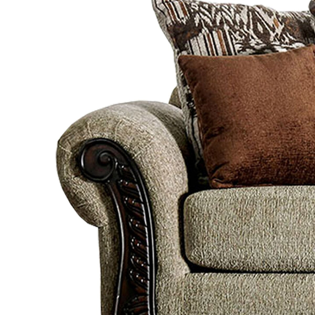 Fabric Upholstered Sofa with Wooden Engraving Details, Brown and Beige