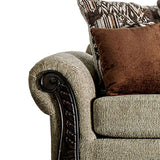 Fabric Upholstered Sofa with Wooden Engraving Details, Brown and Beige