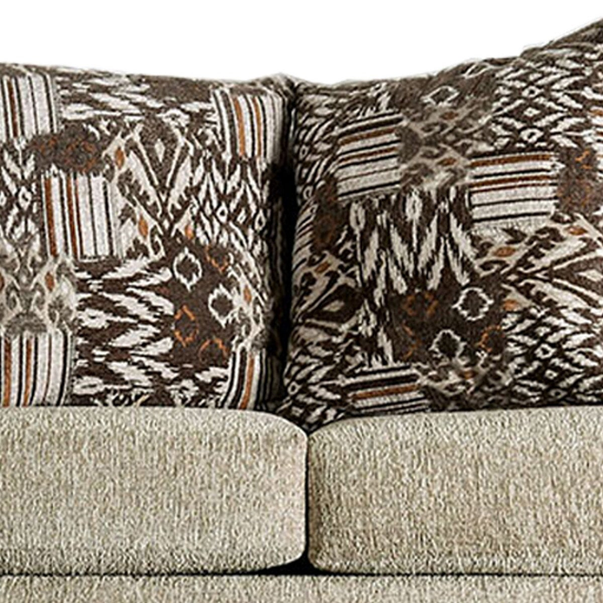 Fabric Upholstered Sofa with Wooden Engraving Details, Brown and Beige