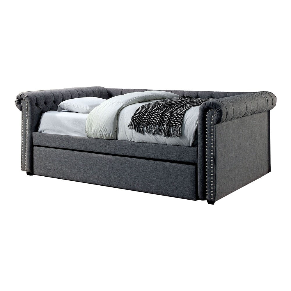 Fabric Upholstered Wooden Full Size Daybed with Nailhead Trims, Gray