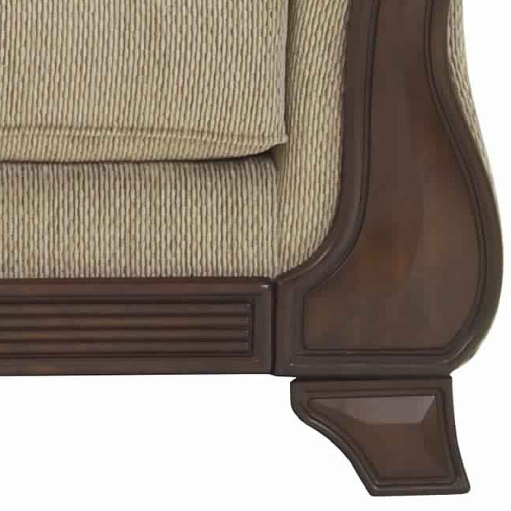 Fabric Upholstered Wooden Loveseat with Bracket Feet, Beige and Brown