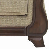Fabric Upholstered Wooden Loveseat with Bracket Feet, Beige and Brown