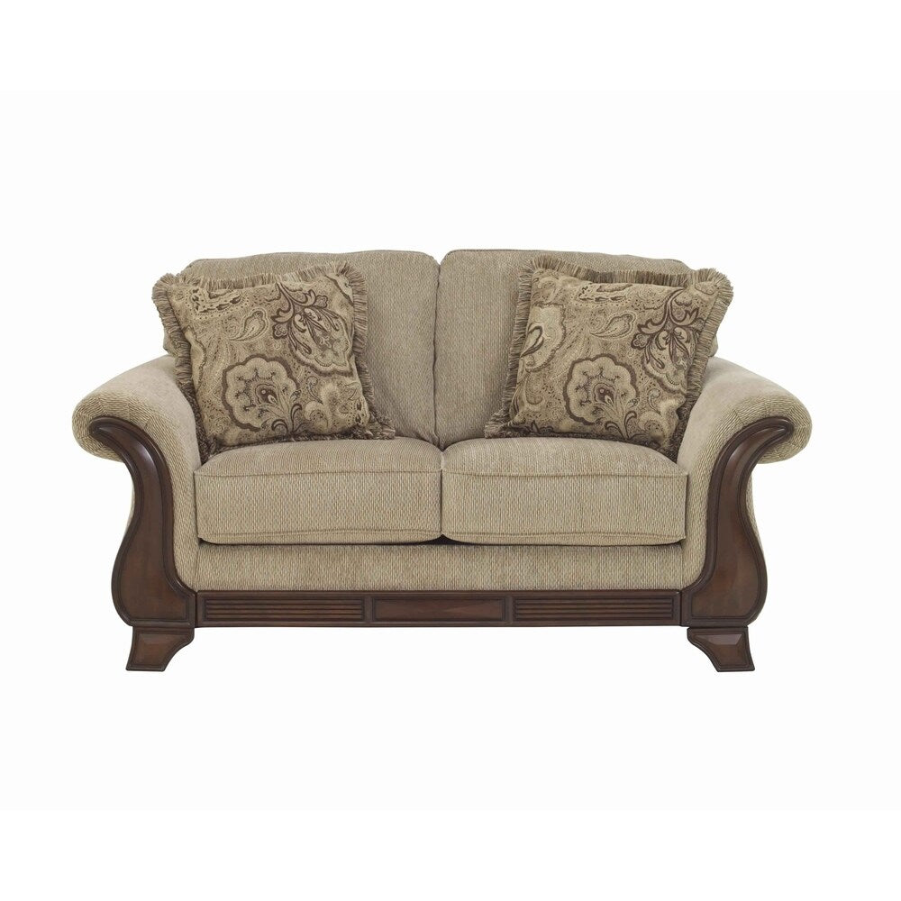 Fabric Upholstered Wooden Loveseat with Bracket Feet, Beige and Brown