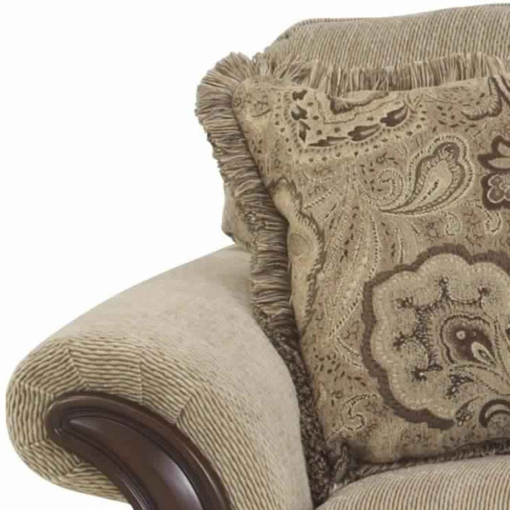 Fabric Upholstered Wooden Loveseat with Bracket Feet, Beige and Brown