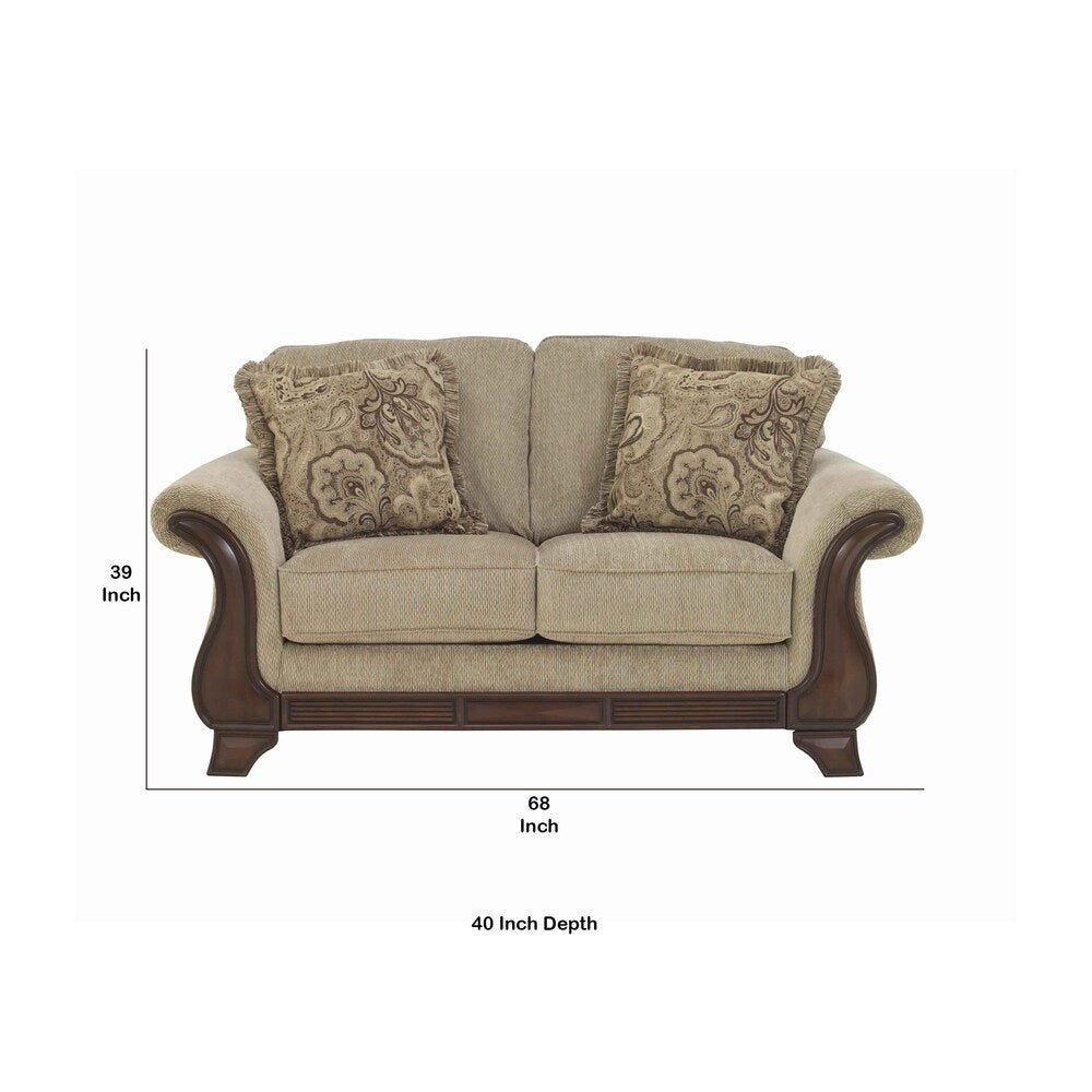 Fabric Upholstered Wooden Loveseat with Bracket Feet, Beige and Brown