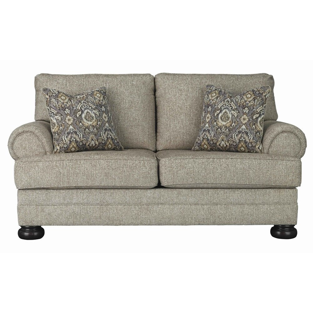 Fabric Upholstered Wooden Loveseat with Bun Feet, Beige and Dark Brown