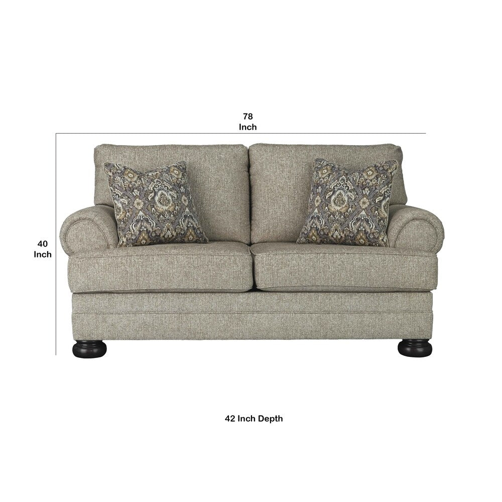 Fabric Upholstered Wooden Loveseat with Bun Feet, Beige and Dark Brown