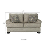 Fabric Upholstered Wooden Loveseat with Bun Feet, Beige and Dark Brown