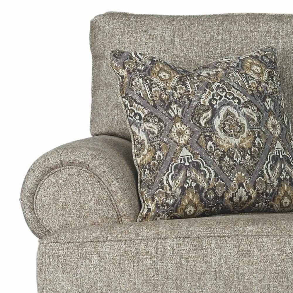 Fabric Upholstered Wooden Loveseat with Bun Feet, Beige and Dark Brown
