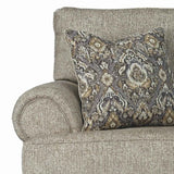 Fabric Upholstered Wooden Loveseat with Bun Feet, Beige and Dark Brown