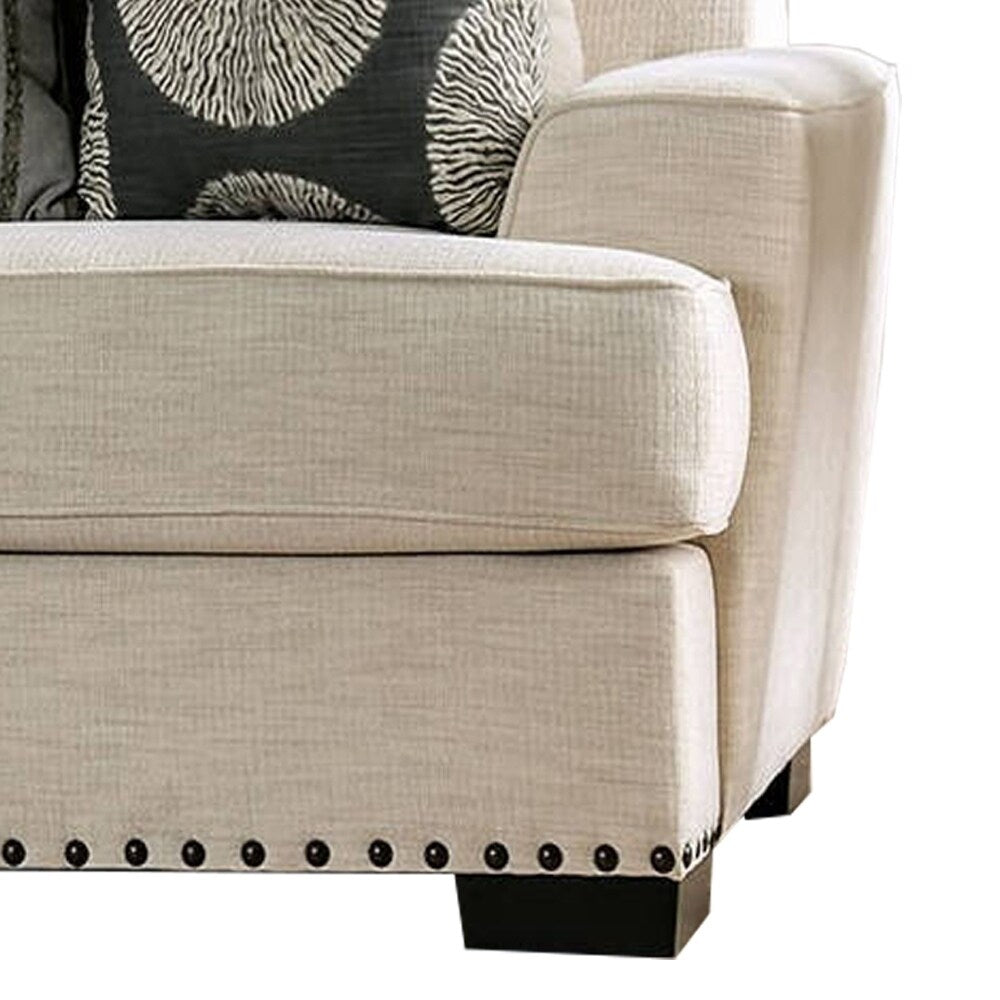 Fabric Upholstered Wooden Loveseat with Nail head Trim, Cream